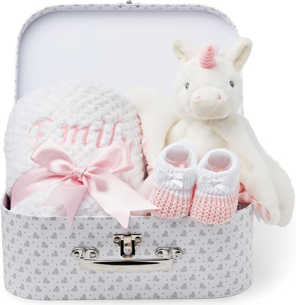 Presentes personalizados para bebês - Cesta para recém-nascidos em caixa de lembranças branca, inclui edredom de zebra para bebês, caixa de bebê, conjunto de presentes para recém-nascidos - 3 itens essenciais para bebês