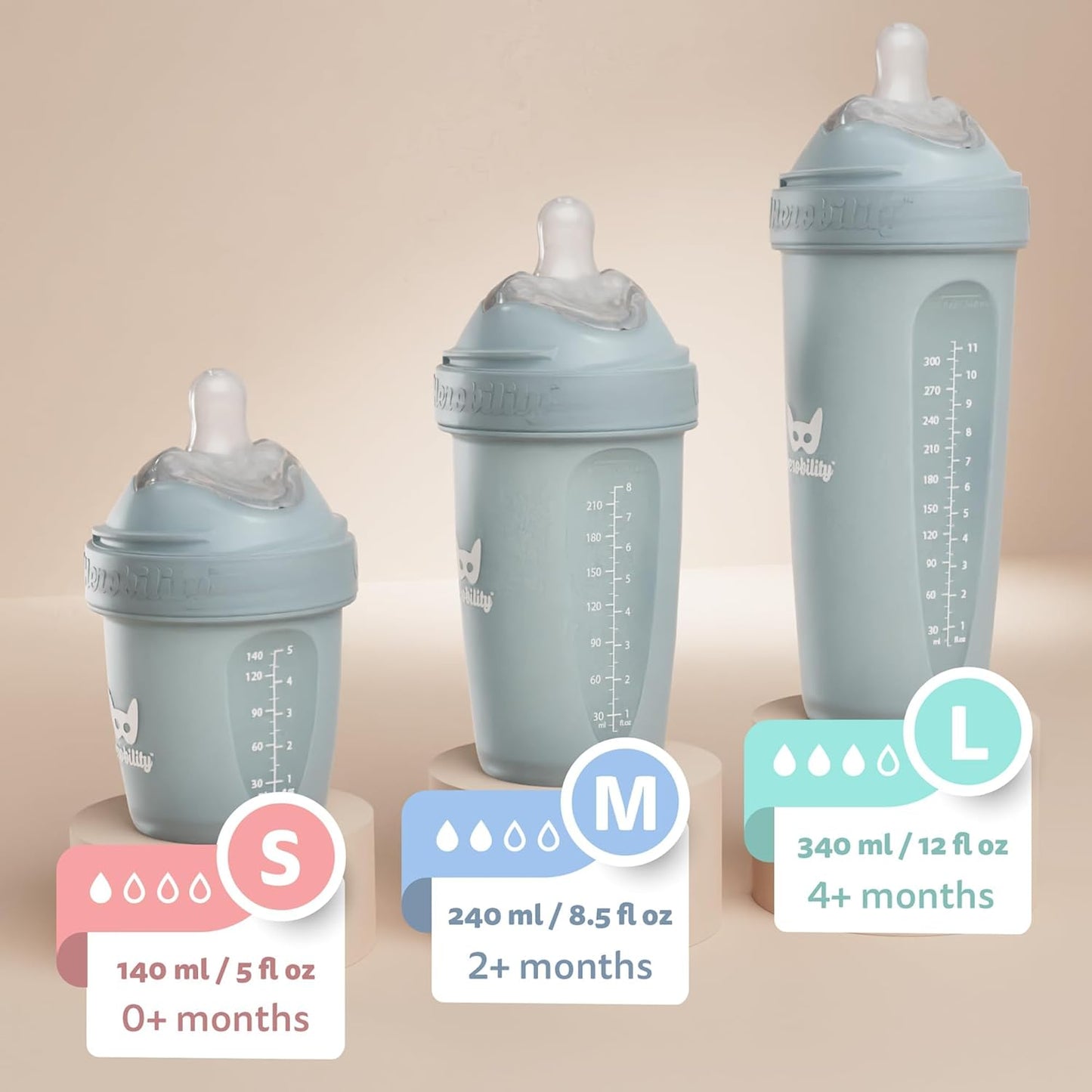 Herobility Mamadeiras anticólicas 340ml - Pacote com 4 mamadeiras de plástico, fluxo lento, bico em formato de seio para bebês amamentados - Multicores: branco, cinza, azul-ferro e azul