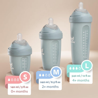 Herobility Mamadeiras anticólicas 340ml - Pacote com 4 mamadeiras de plástico, fluxo lento, bico em formato de seio para bebês amamentados - Multicores: branco, cinza, azul-ferro e azul