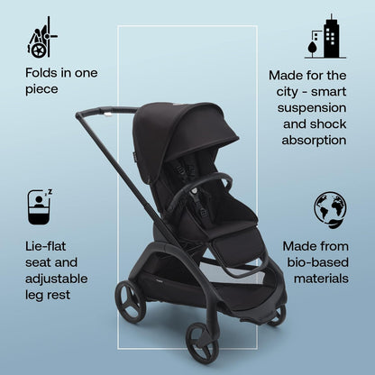 Carrinho de bebê Bugaboo Dragonfly City, carrinho de bebê leve e compacto com dobra fácil com uma mão em qualquer posição, suspensão total, cesto inferior XL, chassi preto e capota solar preta meia-noite