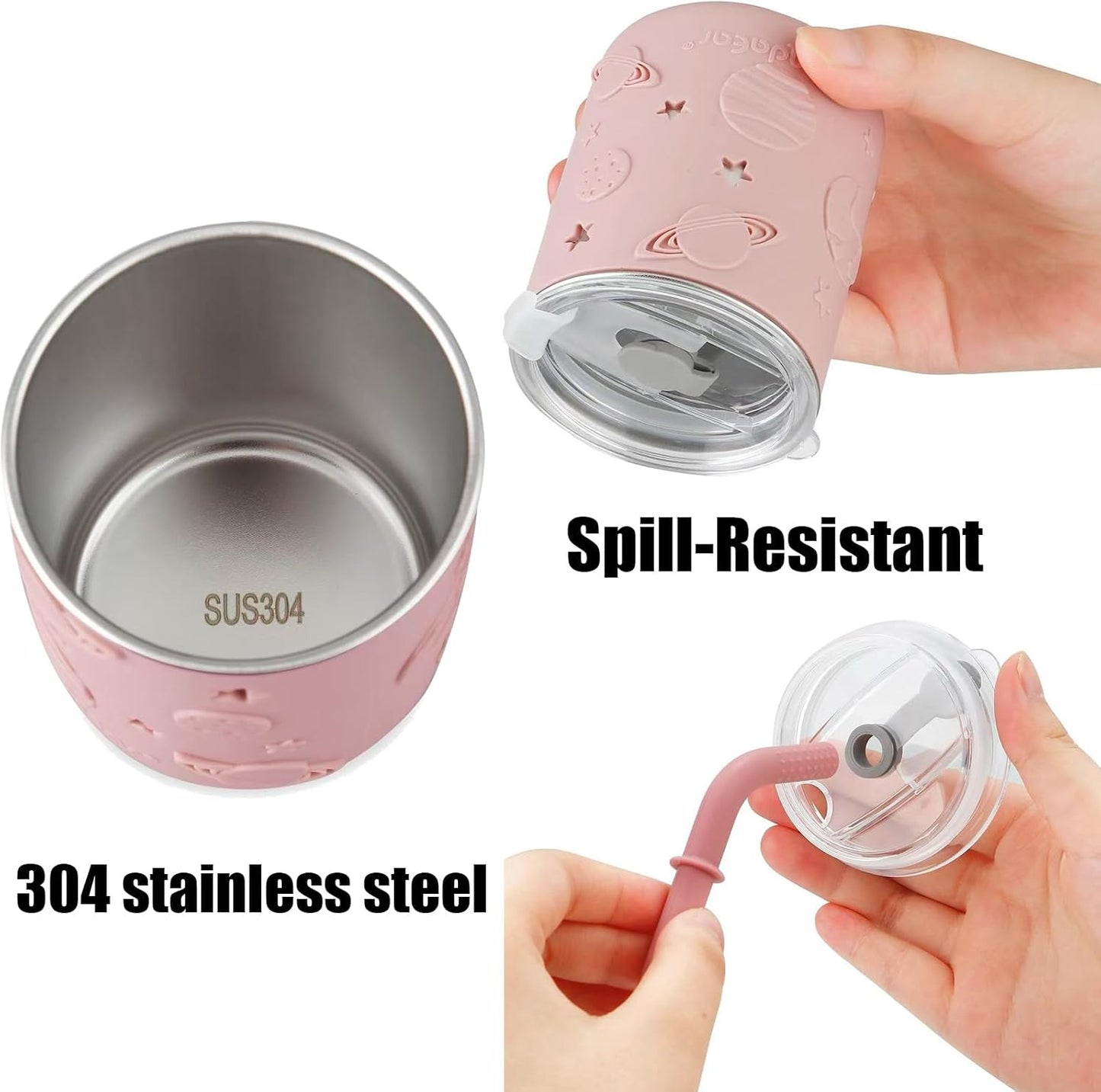 PandaEar Conjunto de alimentação infantil com 8 peças em aço inoxidável | 2 pratos divididos com ventosa, 2 copos de transição com canudo, 2 colheres e 2 garfos | Conjunto para introdução alimentar infantil livre de BPA