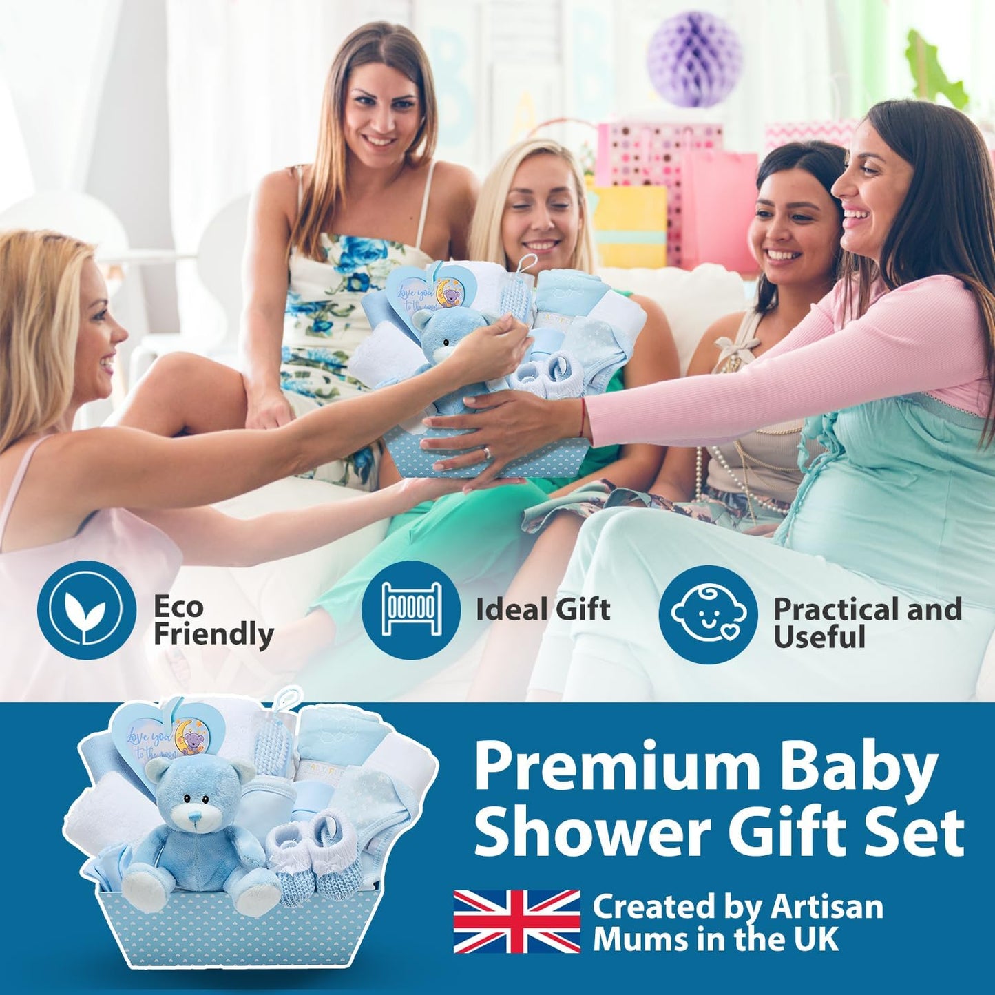 Cesta para Bebê Menino – Conjunto de 17 peças para recém-nascido com pelúcia | Ideal para chás de bebê, revelação de gênero e presente de batizado