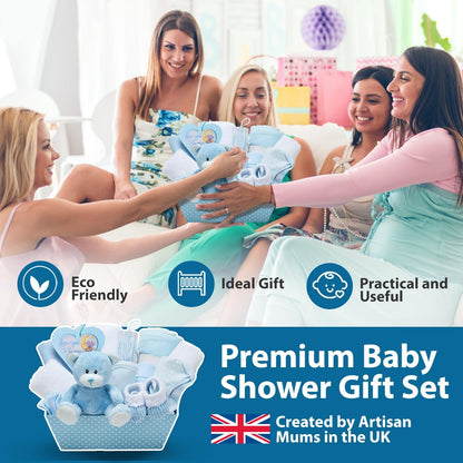 Cesta para Bebê Menino – Conjunto de 17 peças para recém-nascido com pelúcia | Ideal para chás de bebê, revelação de gênero e presente de batizado