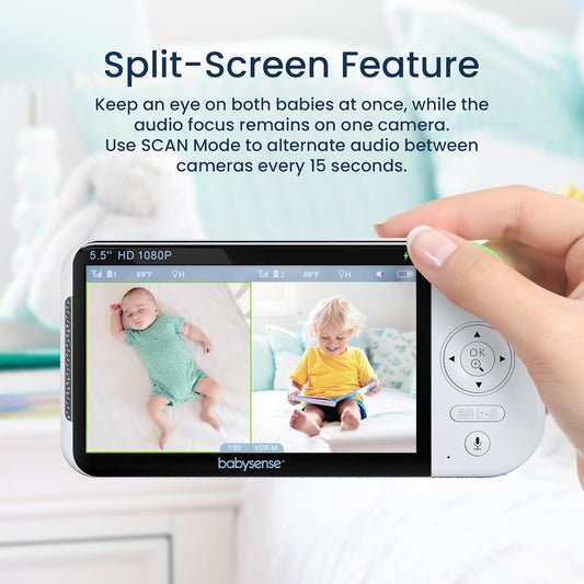 Babysense Vigilabebés con Pantalla Dividida Full HD 5,5" 1080p, Vigilabebés con Cámara y Audio, Cámaras PTZ Duales, Luz Nocturna RGB, Alcance 300m, Audio Bidireccional, Zoom 4x, Batería 5000mAh