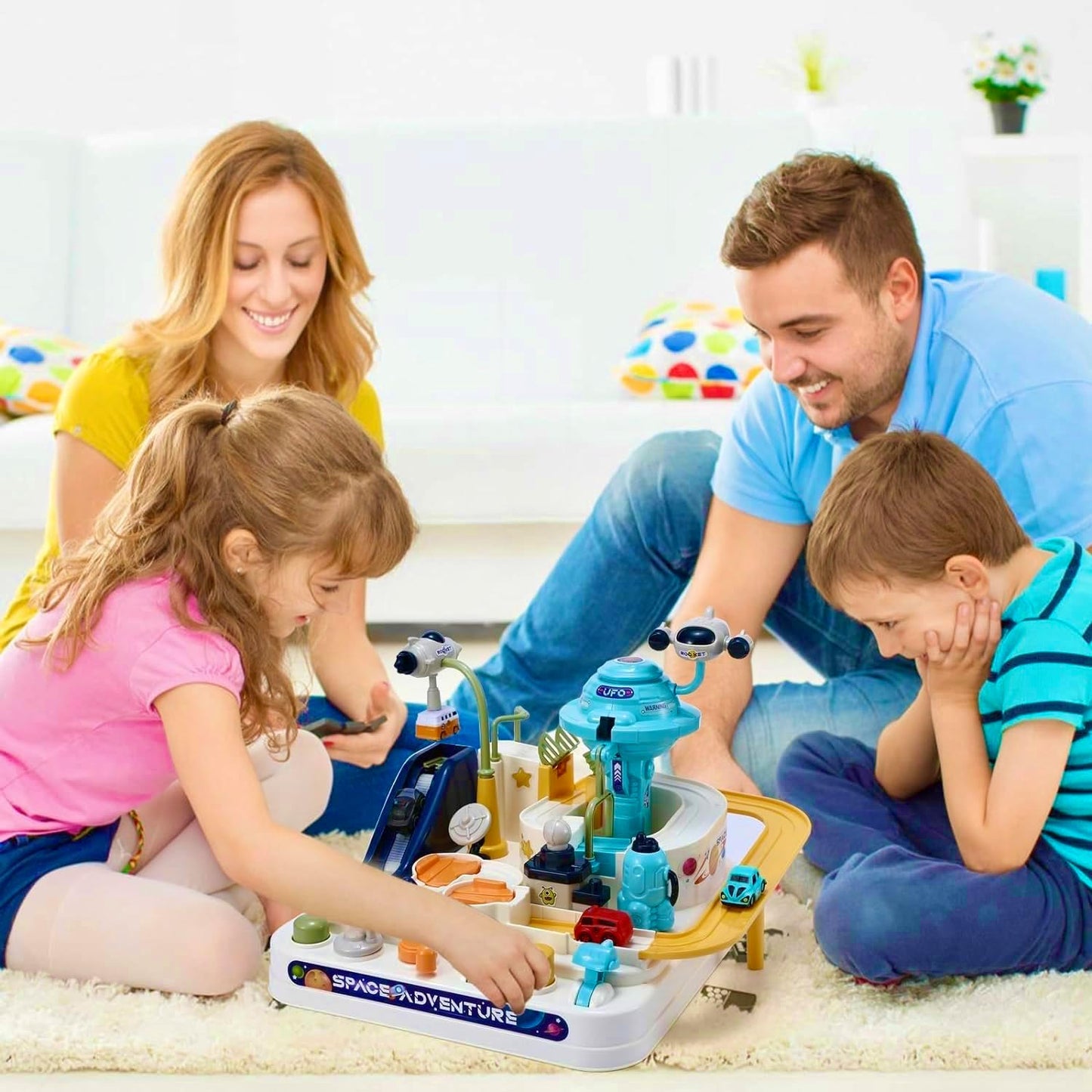 Pista de Corrida Infantil de Brinquedo para Meninos de 3 a 8 Anos, Brinquedo de Aventura com Carros, Conjunto de Resgate na Cidade Espacial com 4 Mini Carros, Brinquedo Educativo para Crianças em Idade Pré-Escolar.