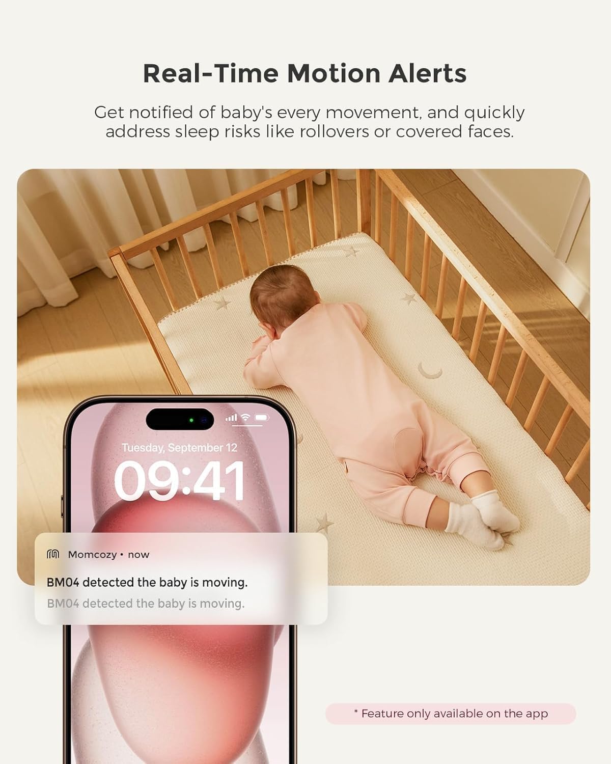 Momcozy Monitor de Bebê BM04 com Câmera, Compatível com Aplicativo, Monitor Inteligente para Bebês com Wi-Fi, Câmera e Áudio, Alerta de Movimento em Tempo Real, Monitor 1080P com Suporte de Parede, Fácil de Emparelhar (Compatível com BM04)