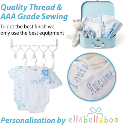 Ellabellaboo Loja Baby Box - Conjunto de presentes personalizados para bebês meninos Cesta para recém-nascidos - Presentes personalizados exclusivos, cesta para bebês com itens essenciais Ideia de presente neutra e para revelação do gênero