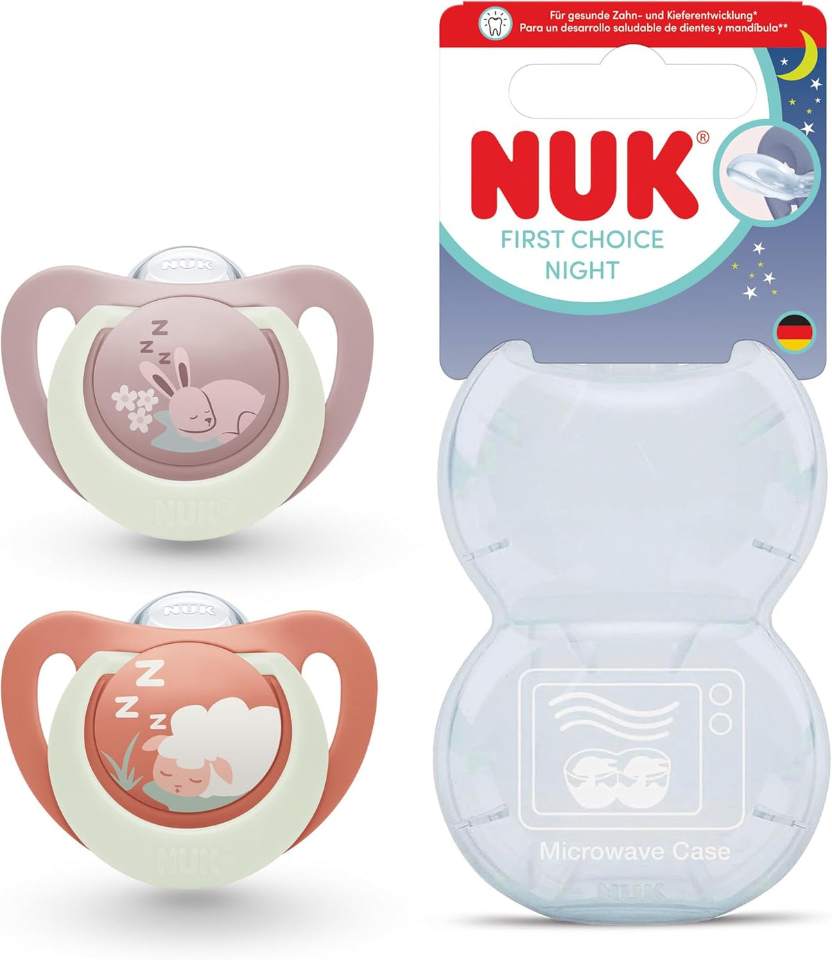 NUK Chupetas First Choice Night | 0-6 Meses | Chupetas Ortodônticas que Brilham no Escuro | Acalmam 99% dos Bebês** | Coelhinho e Ovelha | 2 Unidades