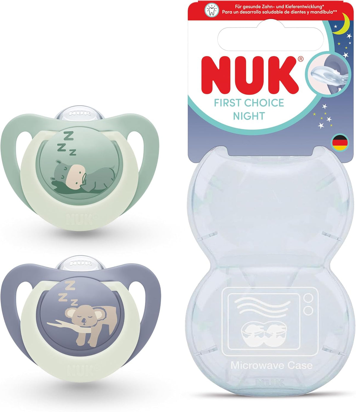 NUK Chupetas First Choice Night | 0-6 Meses | Chupetas Ortodônticas que Brilham no Escuro | Acalmam 99% dos Bebês** | Hipopótamo e Coala | 2 Unidades