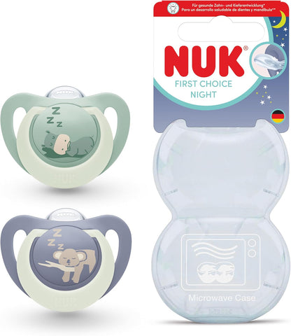 NUK Chupetas First Choice Night | 0-6 Meses | Chupetas Ortodônticas que Brilham no Escuro | Acalmam 99% dos Bebês** | Hipopótamo e Coala | 2 Unidades