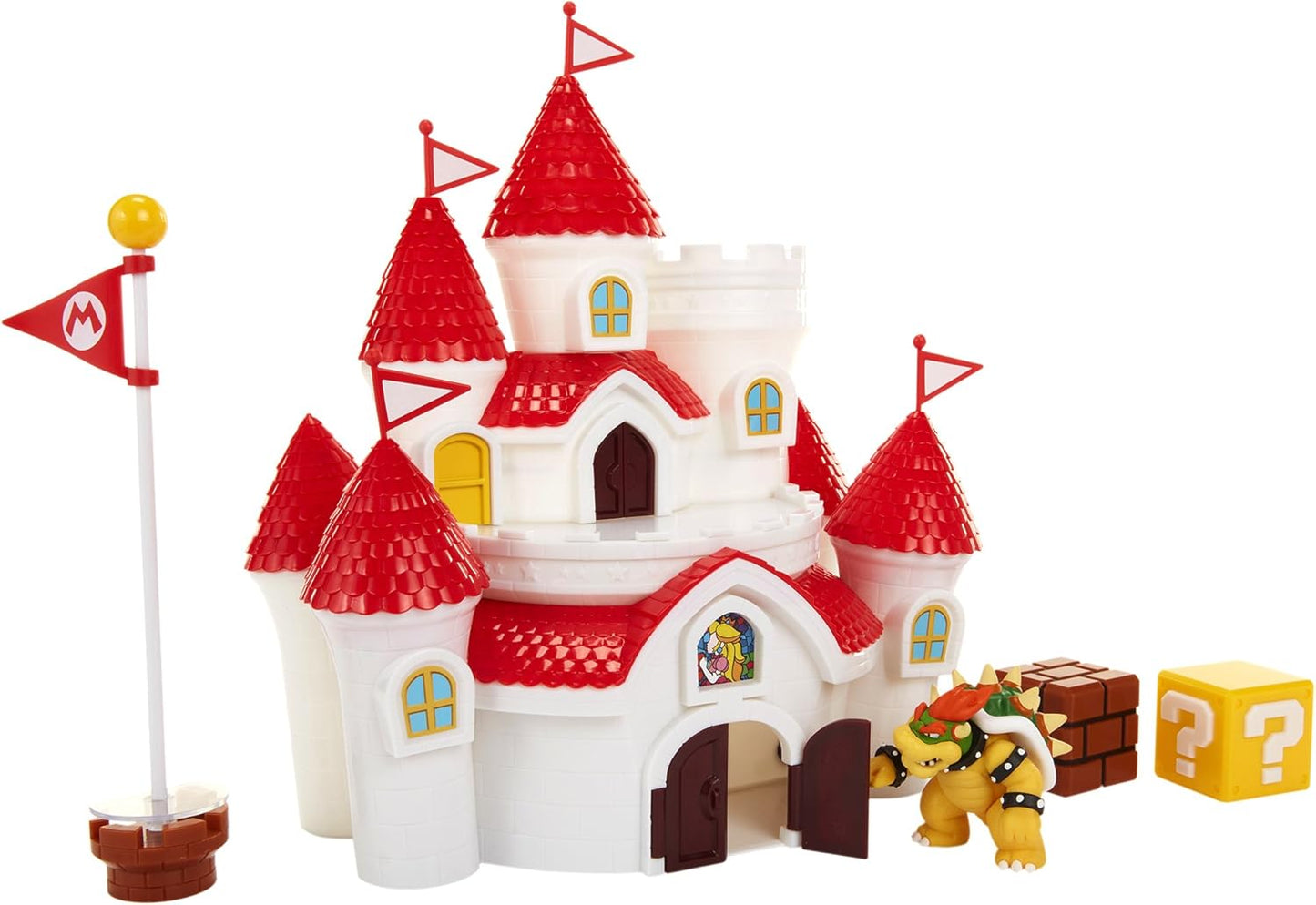 Nintendo Playset do Castelo do Reino Cogumelo da, oficialmente licenciado pela Jakks Pacific, inclui figura de ação exclusiva do Bowser de 6 cm (2,5") e acessórios, além de um pôster de parede.