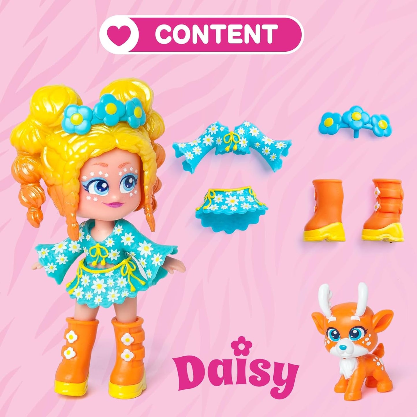 KOOKYLOOS Pet Party DAISY - Boneca margarida com animal de estimação veado. Inclui boneca Daisy, 1 animal de estimação, roupa e sapatos da moda e 1 acessório. 1 boneca, 3 rostos diferentes!