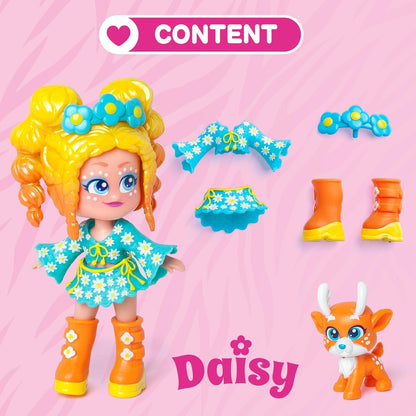 KOOKYLOOS Pet Party DAISY - Boneca margarida com animal de estimação veado. Inclui boneca Daisy, 1 animal de estimação, roupa e sapatos da moda e 1 acessório. 1 boneca, 3 rostos diferentes!
