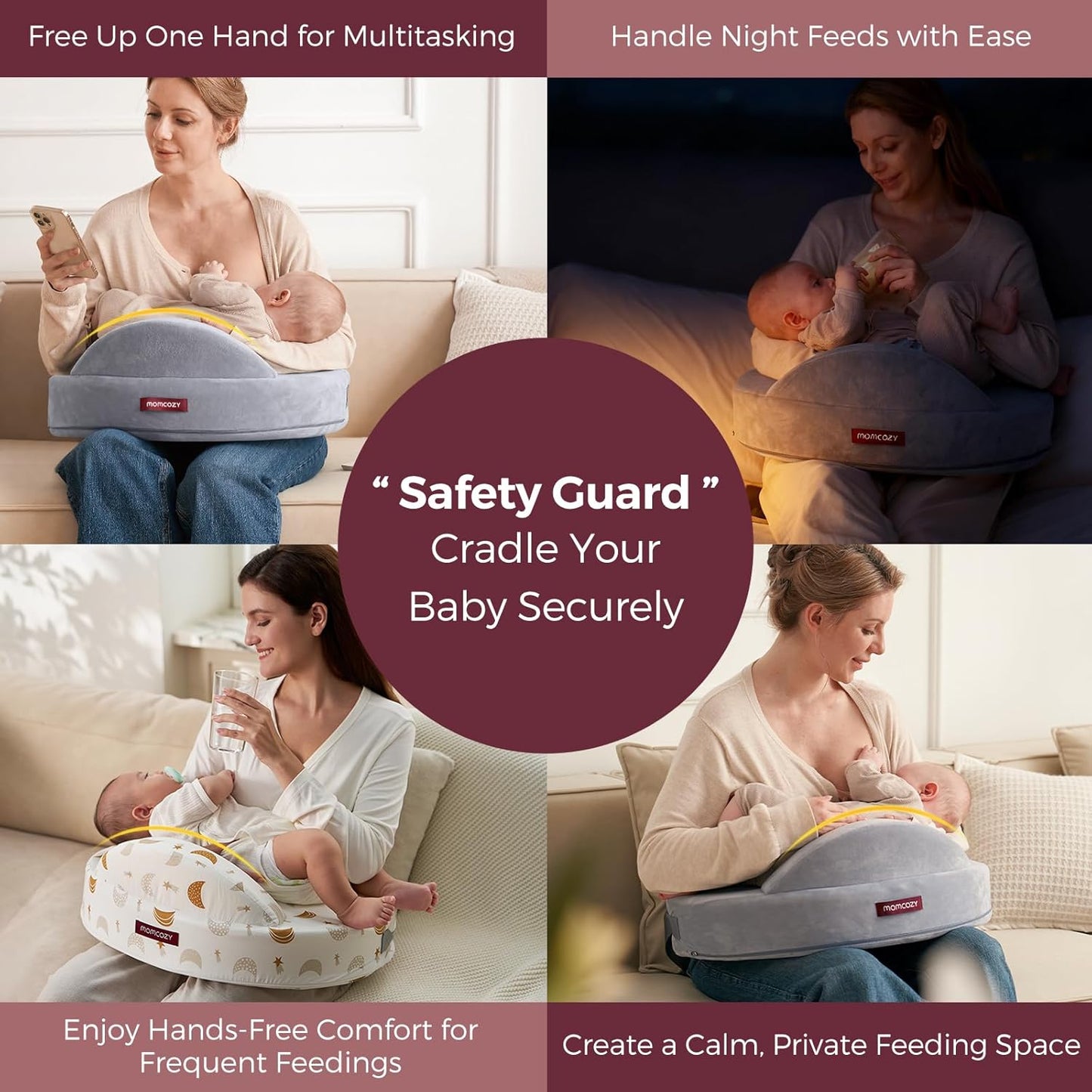 Momcozy Almofada de amamentação em espuma viscoelástica, ergonômica, com proteção lateral, amplo suporte, alça ajustável e capa de algodão removível, rosa.