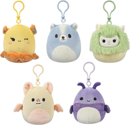 Squishmallows SQCR05530 3,5 polegadas Clip-On 5 Pack-Blue Skunk, Cream Bat, Purple Beetle, Lime Greem Llama, Yellow Dumbo Octopus