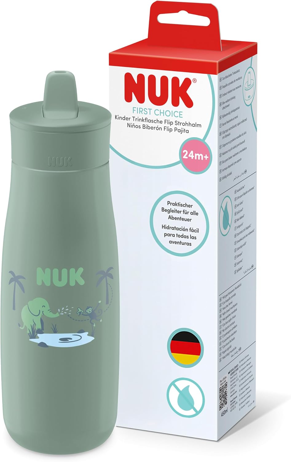 NUK Garrafa de Água First Choice com Canudo Retrátil | 24+ Meses | 450 ml | Canudo Resistente a Mordidas | Garrafa Antivazamento | Elefante Verde | 1 Unidade