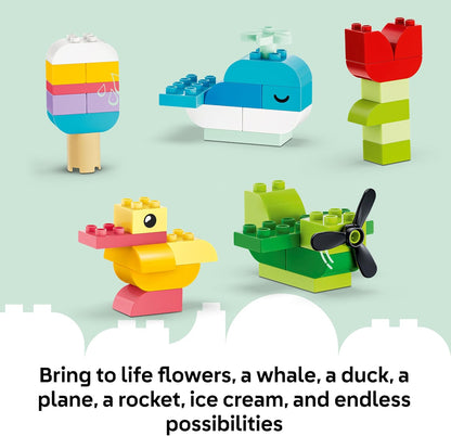 LEGO DUPLO Caixa Criativa Colorida - Brinquedo Educativo para Desenvolvimento da Coordenação Motora Fina em Crianças Pequenas - Inclui Peças com Números, Animais, Veículos e Comida de Brinquedo - Presente de Aniversário para Meninos e Meninas a partir