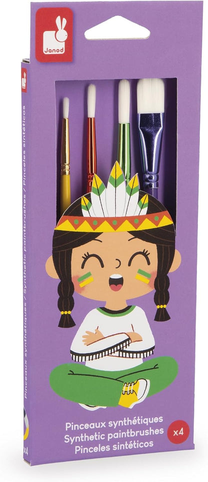 Janod - Pincéis - 4 tamanhos diferentes - Pincéis, Janod - Tintas para dedos para bebês a partir de 1 ano, Janod - Paleta de tinta à base de água - 12 almofadas e pincel, Janod - Avental de pintura infantil a partir de 18 meses
