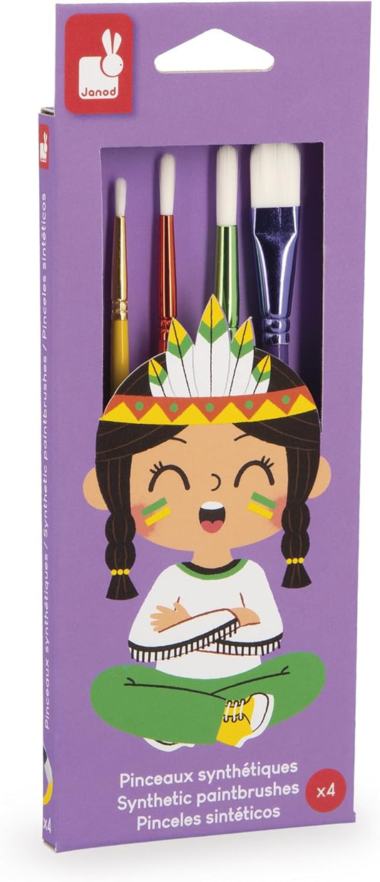 Janod - Pincéis - 4 tamanhos diferentes - Pincéis, Janod - Tintas para dedos para bebês a partir de 1 ano, Janod - Paleta de tinta à base de água - 12 almofadas e pincel, Janod - Avental de pintura infantil a partir de 18 meses