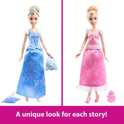 Mattel Boneca de Moda Cinderela Disney Princess da com 2 Visuais para Criar Histórias | Boneca Articulada com 9 Acessórios, 2 Corsetes de Encaixe e 2 Saias, Histórias 2 em 1 Inspiradas no Filme Cinderela da Disney, JCR95