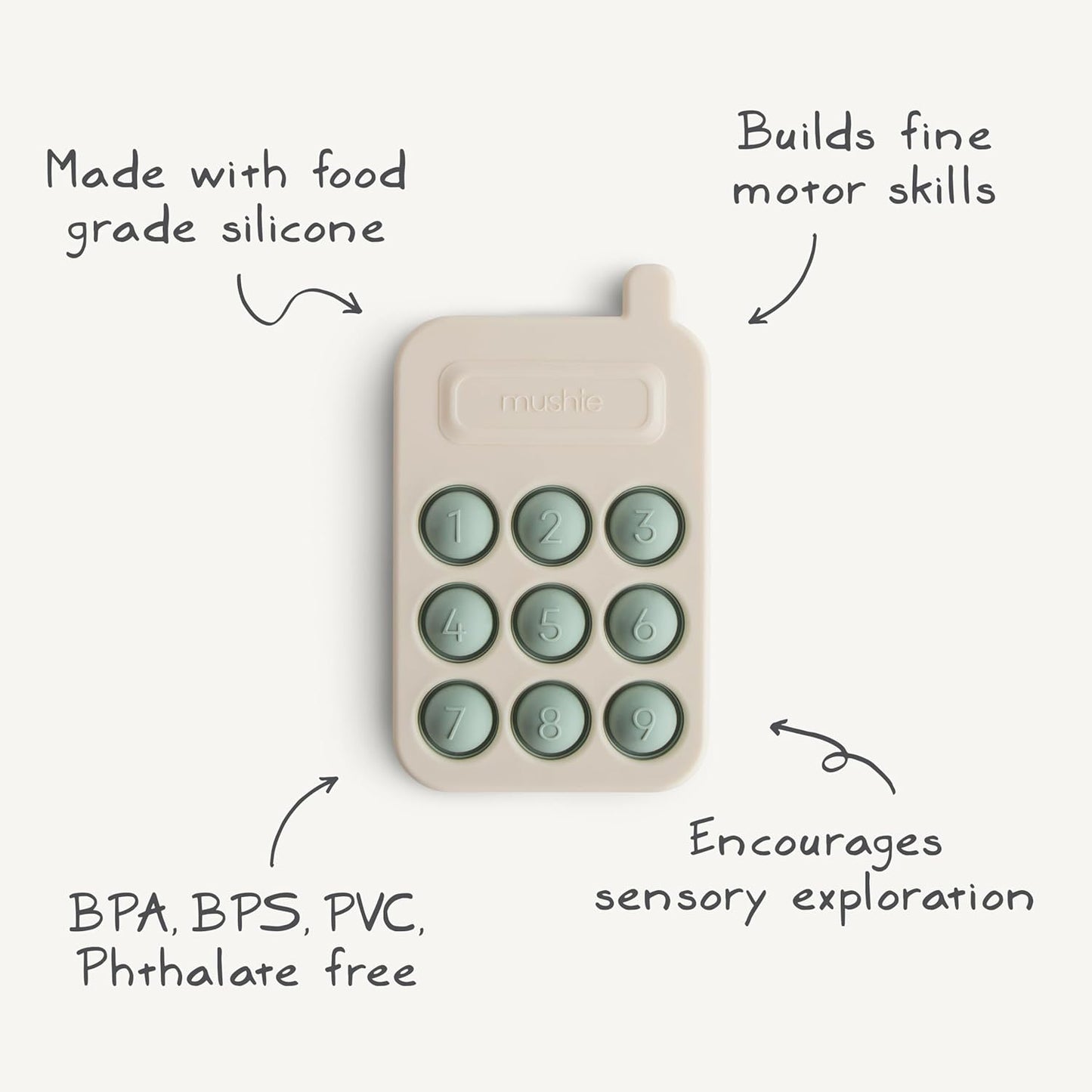 Mushie Brinquedo de apertar | Brinquedo sensorial antiestresse com bolhas | A partir de 10 meses | Brinquedo para aliviar o estresse | 100% silicone de qualidade alimentar e plástico ABS | Design de telefone (Tradewinds)