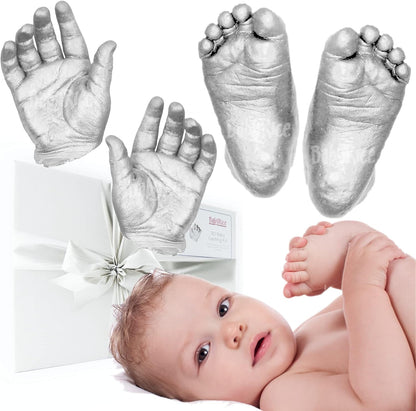 BabyRice Kit de yeso grande para manos y pies de bebé, en caja, incluye pintura metálica (plateado)
