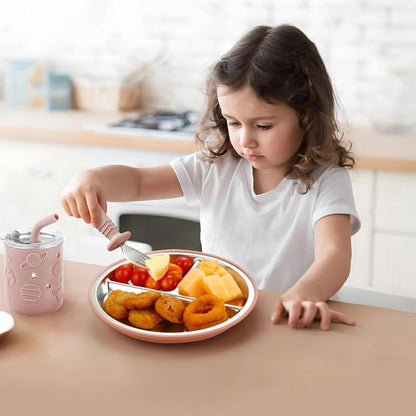 PandaEar Conjunto de alimentação infantil 6 em 1 em aço inoxidável | Pratos divididos com ventosa, tigela infantil, copo de transição com canudo, babador, colher e garfo | Conjunto de introdução alimentar infantil livre de BPA