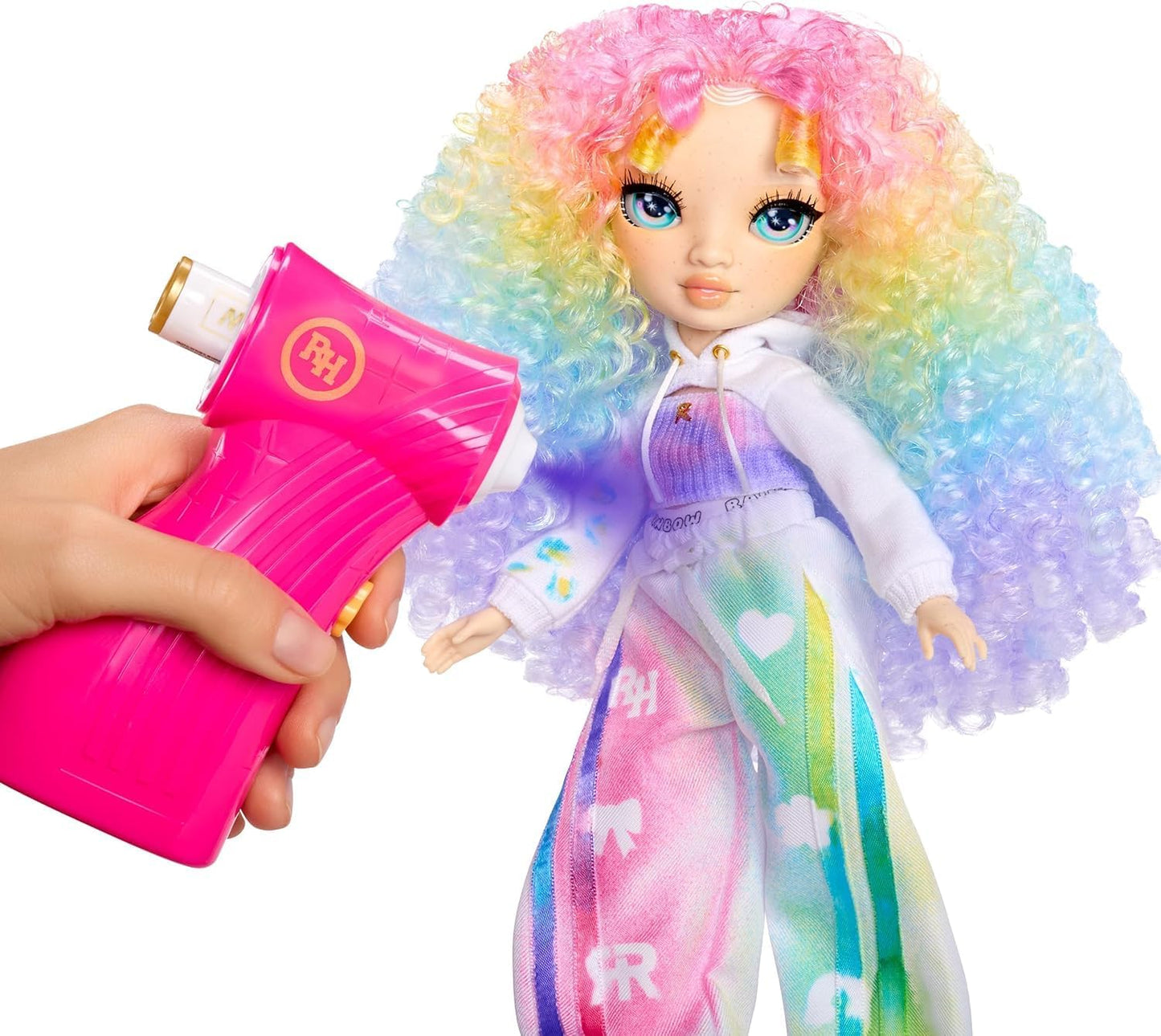 Rainbow High Air Brush & Create - 1 boneca fashion faça você mesmo com kit de aerógrafo, marcadores laváveis com efeito arco-íris, cabelo comprido, olhos verdes, brincadeira criativa para crianças de 4 a 12 anos ou mais.