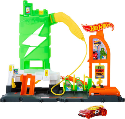 Hot Wheels Let's Race Netflix - Playset City Super Recharge Fuel Station com carregadores EV e carro de brinquedo em escala 1:64, HTN79