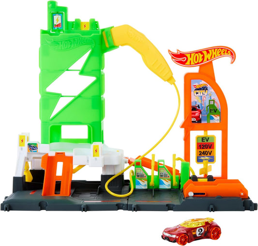 Hot Wheels Let's Race Netflix - Estación de combustible Playset City Super Recharge con cargadores EV y coche de juguete a escala 1:64, HTN79