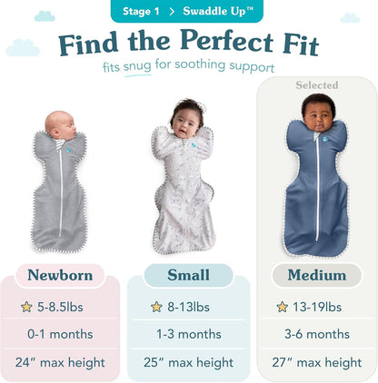 Love To Dream™ Swaddle UP™, Médio 6-8,5 kg - Verde Oliva Lunar, Ajuste Perfeito, Favorece uma Rotina de Sono Saudável, 1.0 Tog para Temperaturas de 20-24°C, Algodão Elástico Lavável à Máquina, 2 Zíperes para Facilitar a Troca de Fraldas