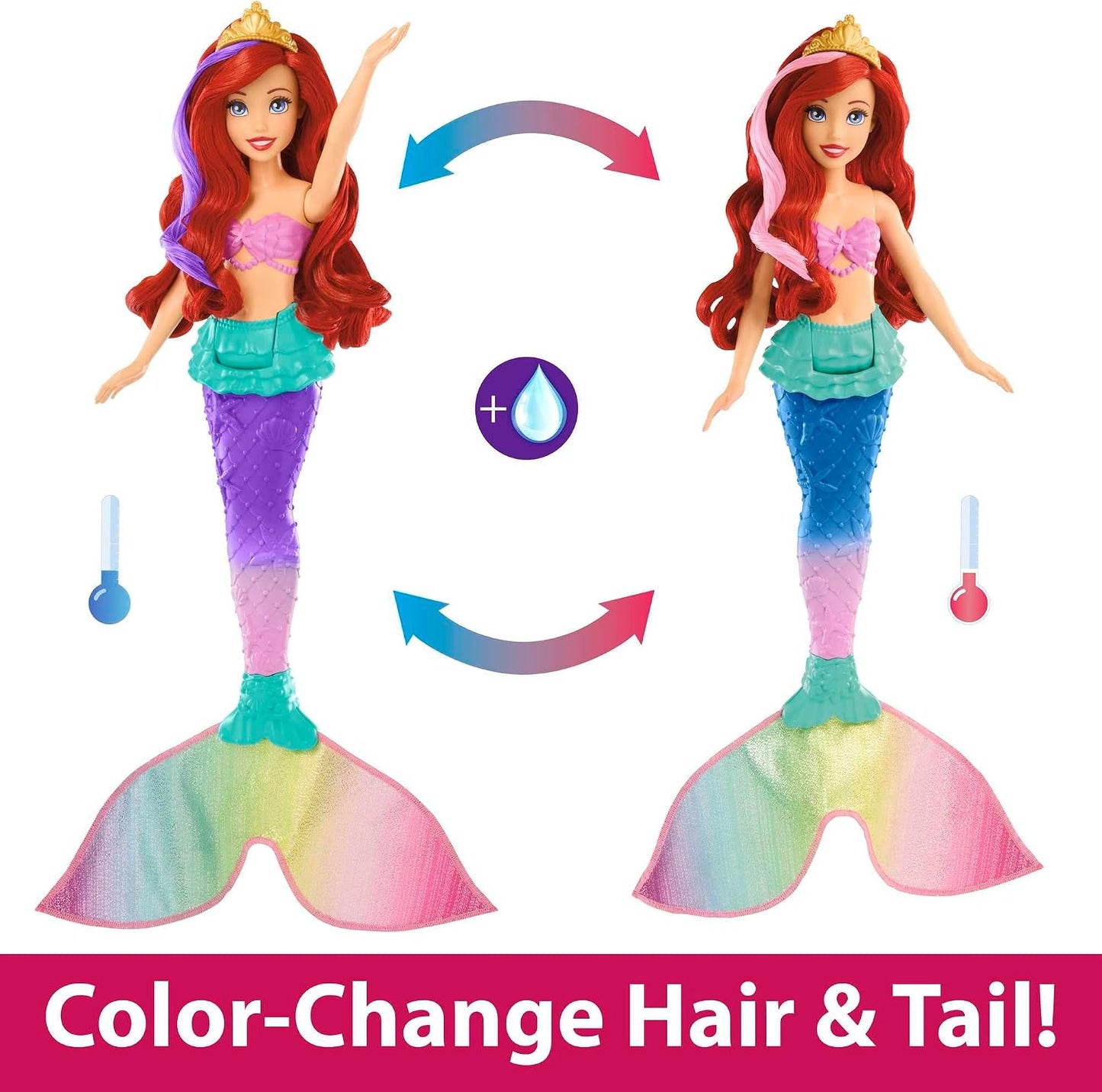 Mattel Boneca Disney Princess Ariel Sereia Nadadora | Boneca articulada com cabelo e cauda que mudam de cor, movimentos de natação e brincadeira com água inspirados no filme "A Pequena Sereia" da Disney, HPD43