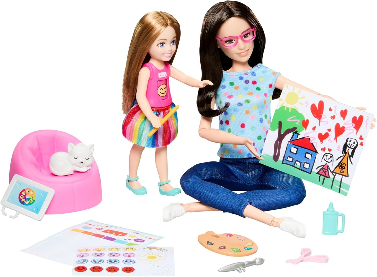 Barbie Therapist Doll Art Therapy Set, muñeca pequeña con camisa emoji giratoria y accesorios que incluyen mascota, piezas con temas artísticos, pegatinas y más, HRG48