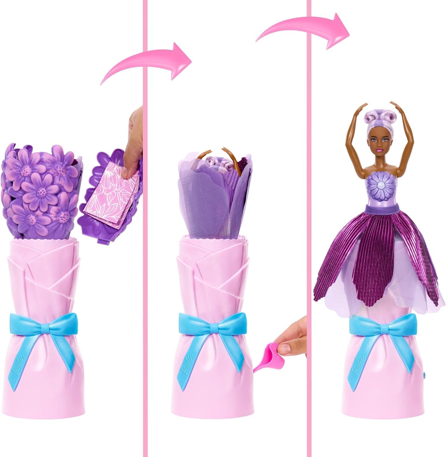 Barbie Petal Pop Boneca Perfumada com Vestido Floral Roxo e Acessórios, Revelação de Buquê com Coelhinho de Estimação e Surpresas como Regador, Colar e Brincos, JMF58