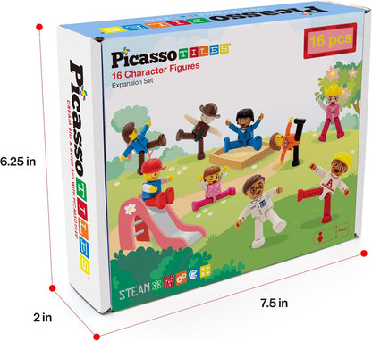 PicassoTiles Conjunto de Brinquedo Infantil com 16 Figuras de Ação de Personagens, Pacote de Expansão, Blocos de Construção Magnéticos, Brinquedo STEM para Brincar de Faz de Conta, Peças de Montar PTA08