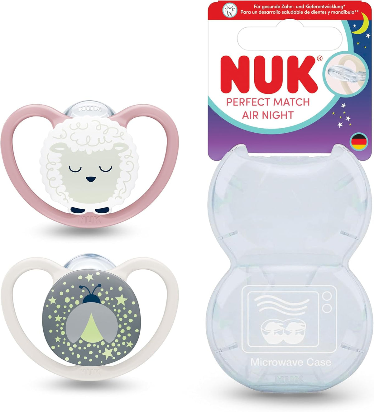 NUK Chupetas Perfect Match Air Night | 6-18 meses | Brilham no escuro, favorecem a circulação de ar e previnem irritações causadas pela saliva | 95% de aceitação pelos bebês** | Ovelha | Embalagem com 2 unidades