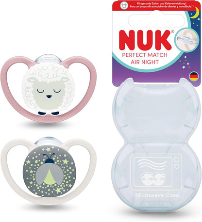 NUK Chupetas Perfect Match Air Night | 6-18 meses | Brilham no escuro, favorecem a circulação de ar e previnem irritações causadas pela saliva | 95% de aceitação pelos bebês** | Ovelha | Embalagem com 2 unidades