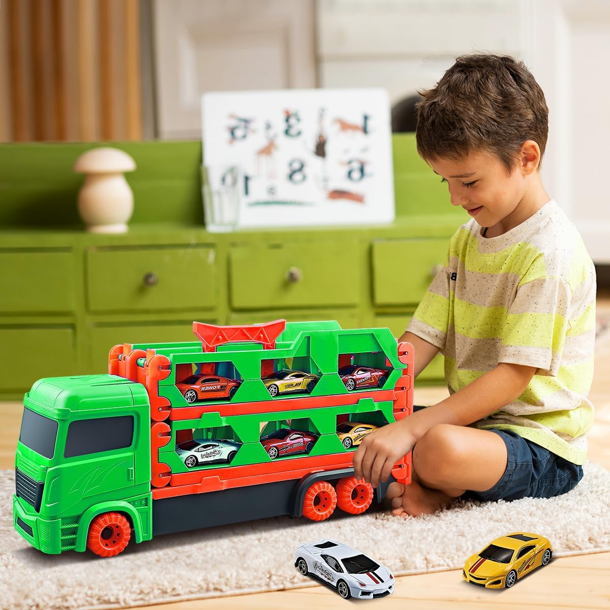 VATOS Transporte Caminhão Brinquedos Carros para Meninos Idades 3 4 5 6, Caminhão Portátil Brinquedo com 6 Carros de Corrida, Melhor Presente Veículos Transportadores Brinquedos Conjunto para Crianças