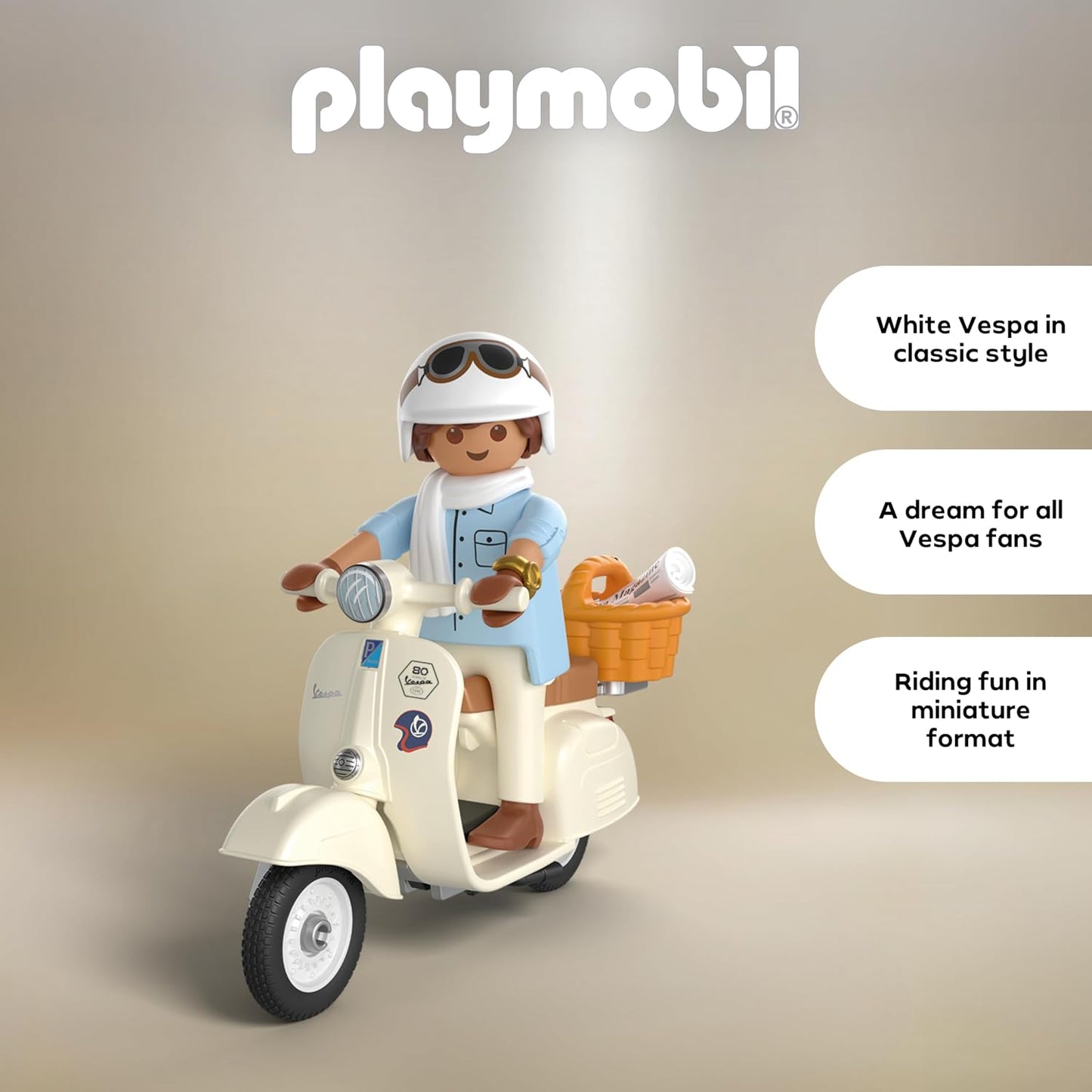 Playmobil | Veículos | 80 Anos de Vespa: Estilo Clássico | Vespa comemorativa na cor creme com condutor, cesta e cartela de adesivos | Para crianças a partir de 5 anos | 72283