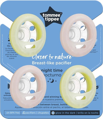 Tommee Tippee Chupeta noturna semelhante a um peito, brilha no escuro, textura semelhante à da pele, design ortodôntico simétrico, 0-6 m, rosa e amarelo, pacote de 4 manequins