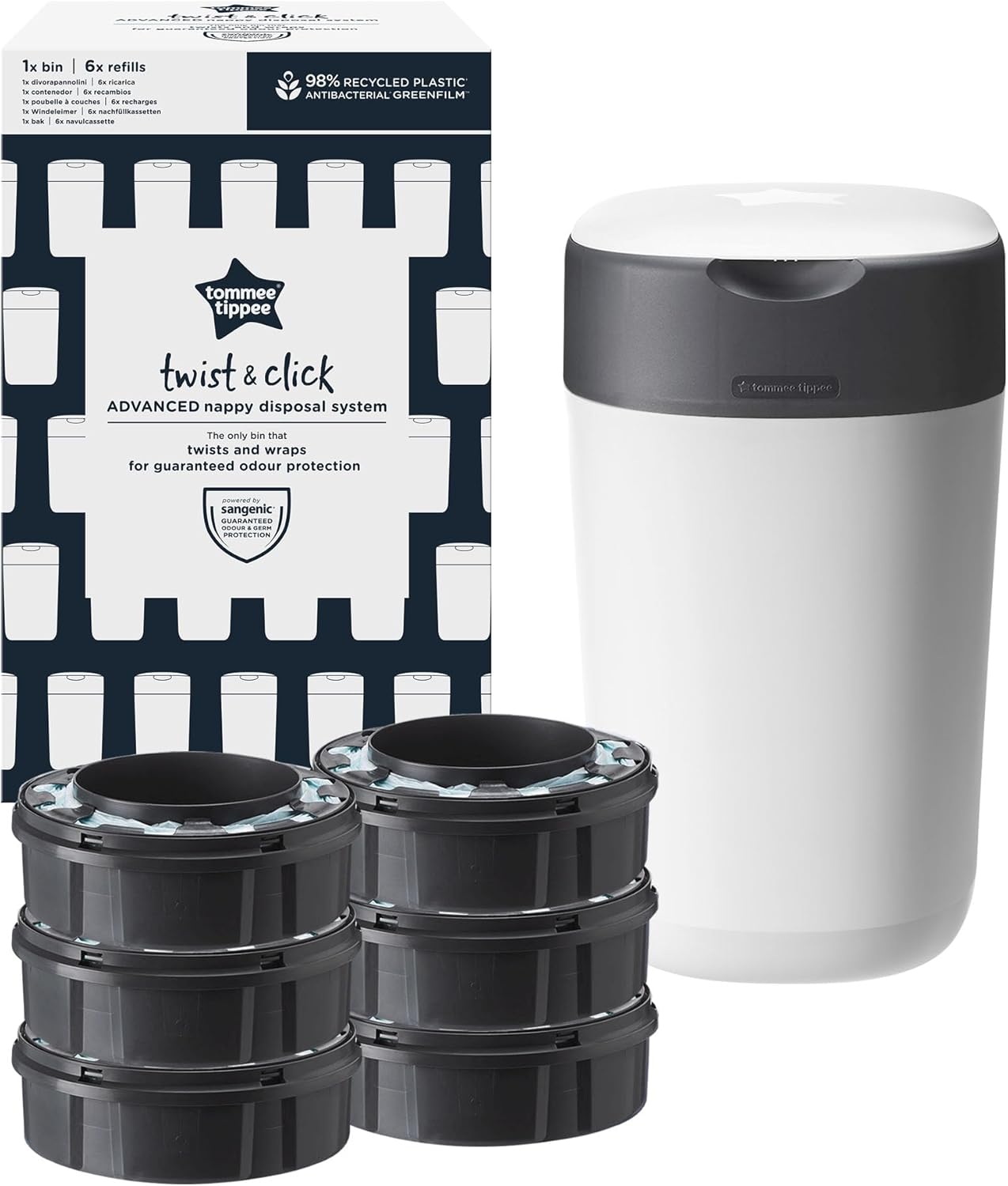 Tommee Tippee Conjunto inicial de lixeira para fraldas Twist and Click, 6 cassetes de refil com película multicamadas antibacteriana, estrutura 100% reciclada, branca.