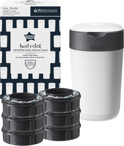 Tommee Tippee Conjunto inicial de lixeira para fraldas Twist and Click, 6 cassetes de refil com película multicamadas antibacteriana, estrutura 100% reciclada, branca.