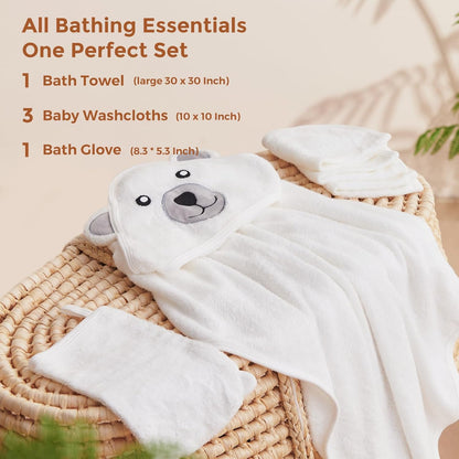 momcozy Conjunto de toalhas de banho para bebê de bambu, 5 pacotes, 1 * toalhas com capuz para recém-nascido, 3 * panos de banho, 1 * luva de banho, toalha macia e superabsorvente com capuz para bebê, unissex