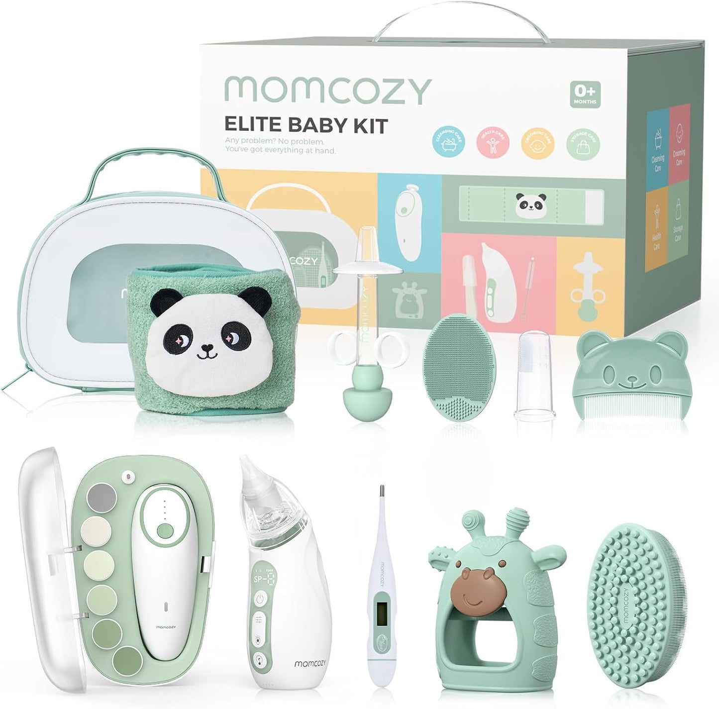 Momcozy Kit Elite para Bebês, conjunto de presente superior para higiene, saúde e limpeza, inclui lixa de unha elétrica e aspirador nasal, faixa térmica para barriga, termômetro, escova de banho, mordedor e chupeta medicinal.