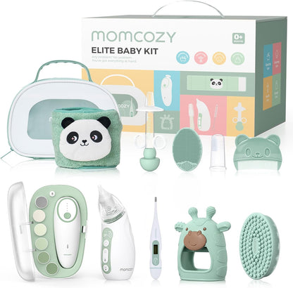 Momcozy Kit Elite para Bebês, conjunto de presente superior para higiene, saúde e limpeza, inclui lixa de unha elétrica e aspirador nasal, faixa térmica para barriga, termômetro, escova de banho, mordedor e chupeta medicinal.