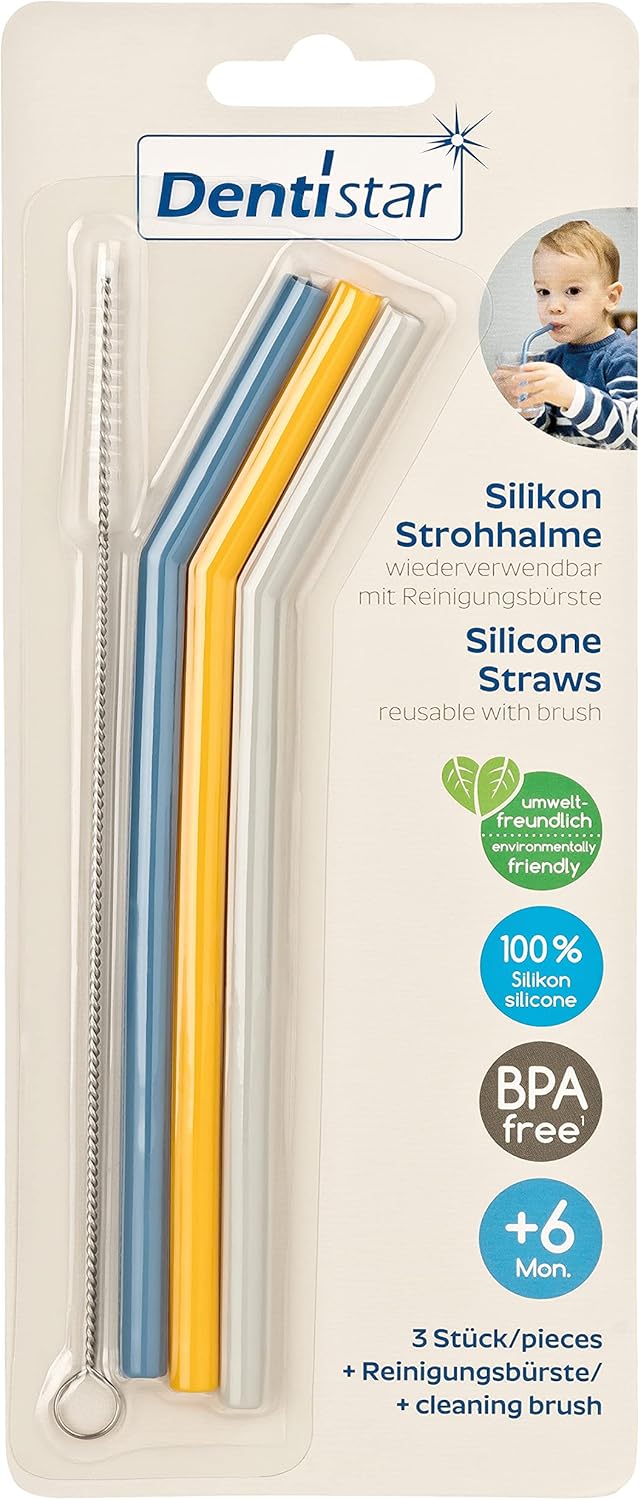 dentistas Canudos de silicone para - Conjunto 2X de 3 canudos reutilizáveis - Feitos de 100% silicone - Canudos para bebês sustentáveis e reutilizáveis para beber facilmente com escova de limpeza - Sem BPA