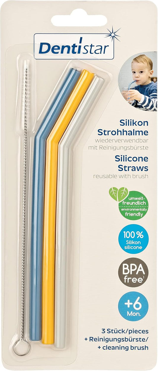 dentistas Canudos de silicone para - Conjunto 2X de 3 canudos reutilizáveis - Feitos de 100% silicone - Canudos para bebês sustentáveis e reutilizáveis para beber facilmente com escova de limpeza - Sem BPA