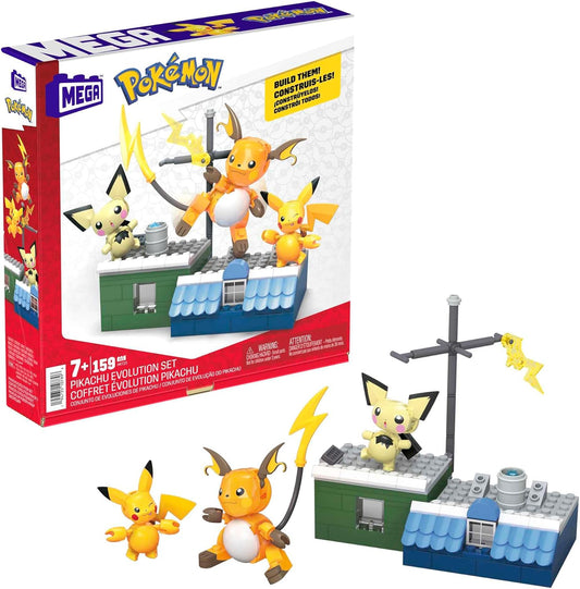 MEGA Brinquedos de construção de bonecos de ação Pokémon para crianças, conjunto de evolução Pikachu com 160 peças, 3 personagens articulados, ideia de presente para crianças de 8 anos, HKT23