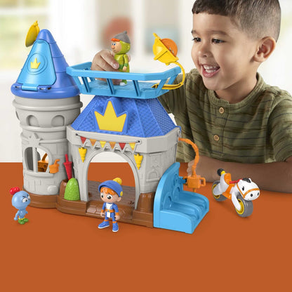Fisher-Price Gus, o Cavaleiro Pequenino, Castelo do Reino com 3 personagens e um pônei como veículo para brincadeiras de faz de conta para crianças em idade pré-escolar a partir de 3 anos.