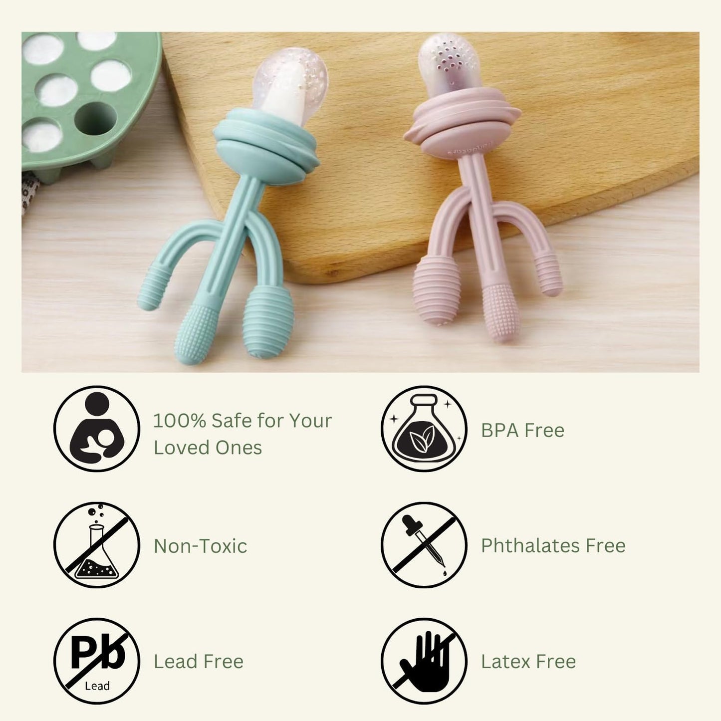 PandaEar Conjunto com 2 Bandejas Congeladoras para Comida de Bebê e 3 Alimentadores de Frutas com Chupeta, Alimentador de Frutas com Chupeta, Forma de Gelo para Mordedor, Brinquedo de Silicone para Dentição em Formato de Cacto,